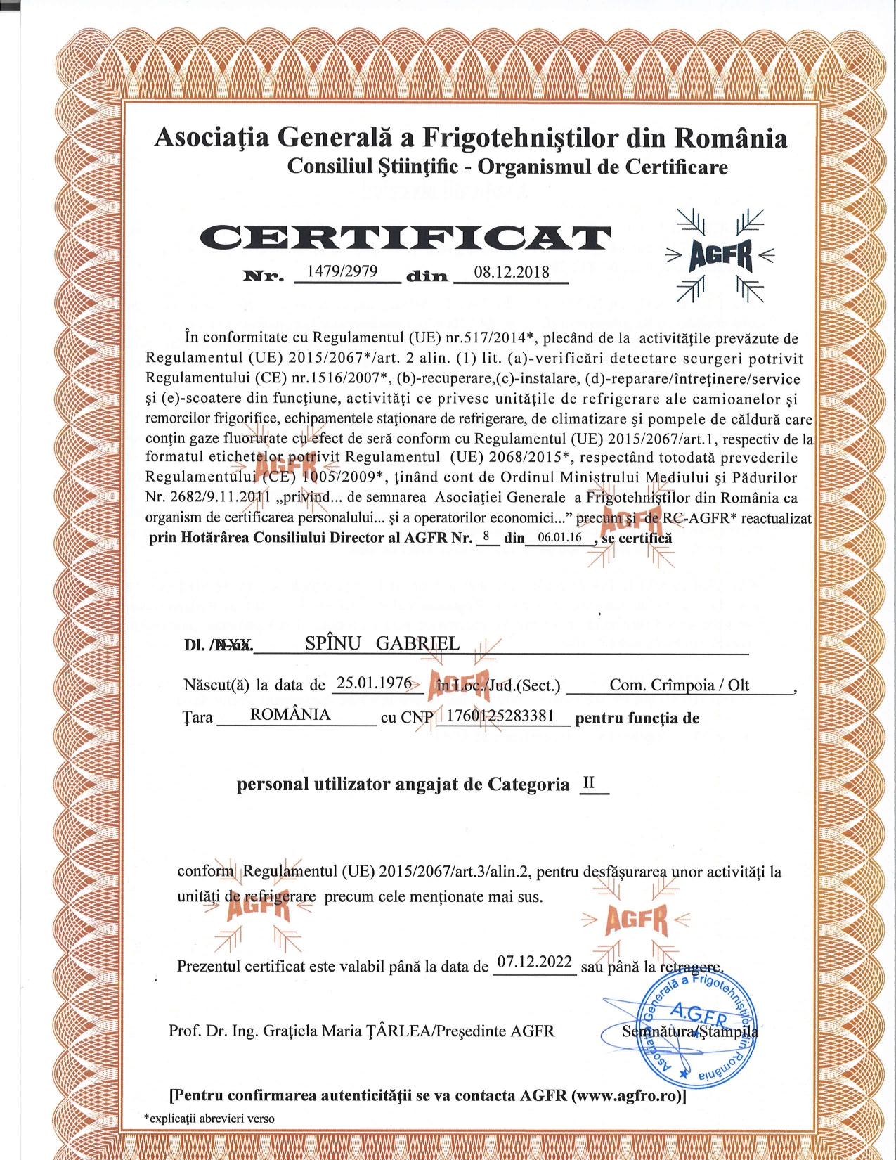 Certificat AGFR Categoria II